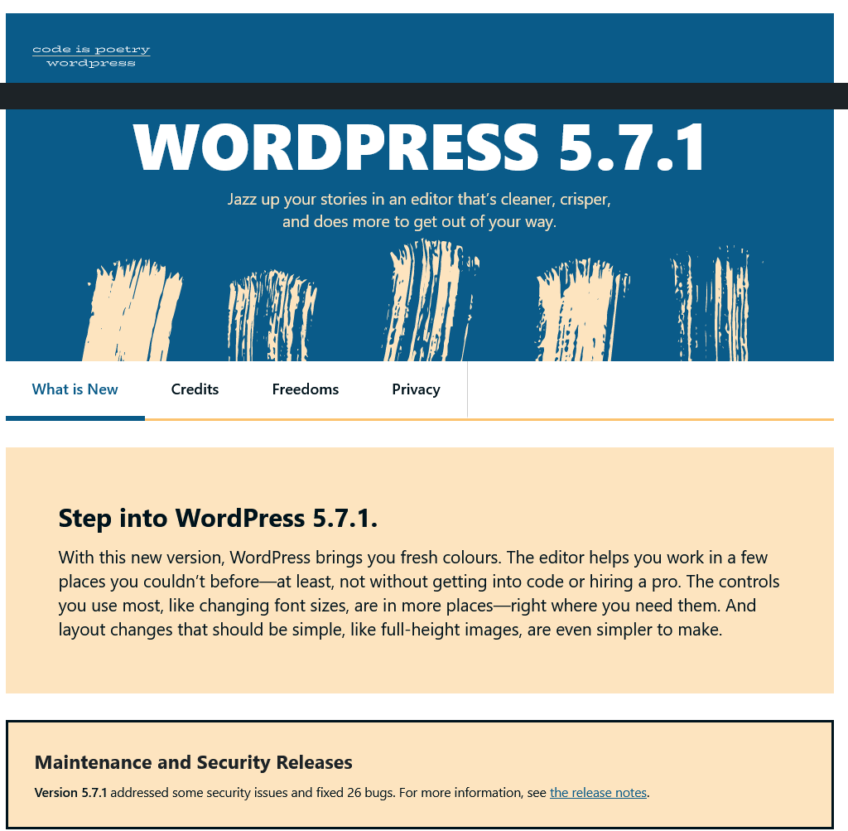 WordPress Version 5.7.1 April 14,2021 – Maintenance and Security Release